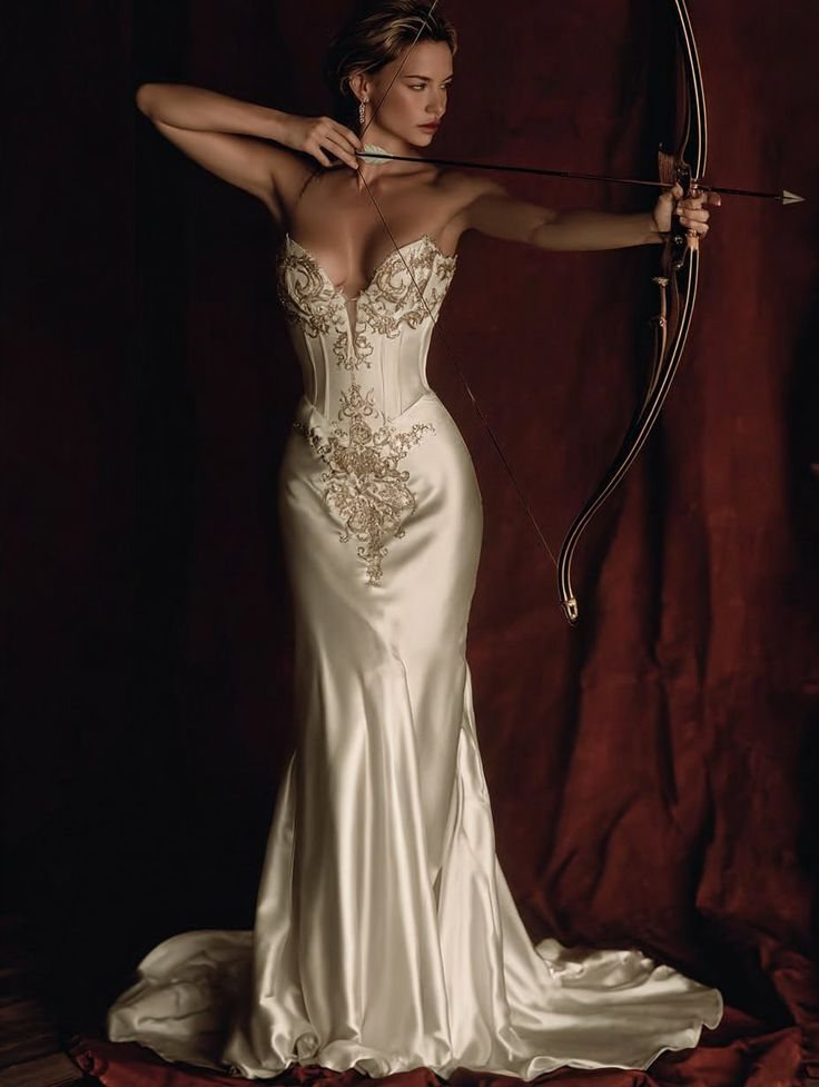 Femme en robe de satin ivoire brodée d'or, tendant un arc, devant un rideau bordeaux